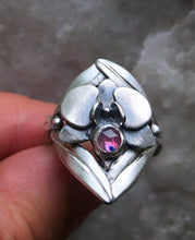 Load image into Gallery viewer, Orchid Shield Ring with Sapphire ~ size 7