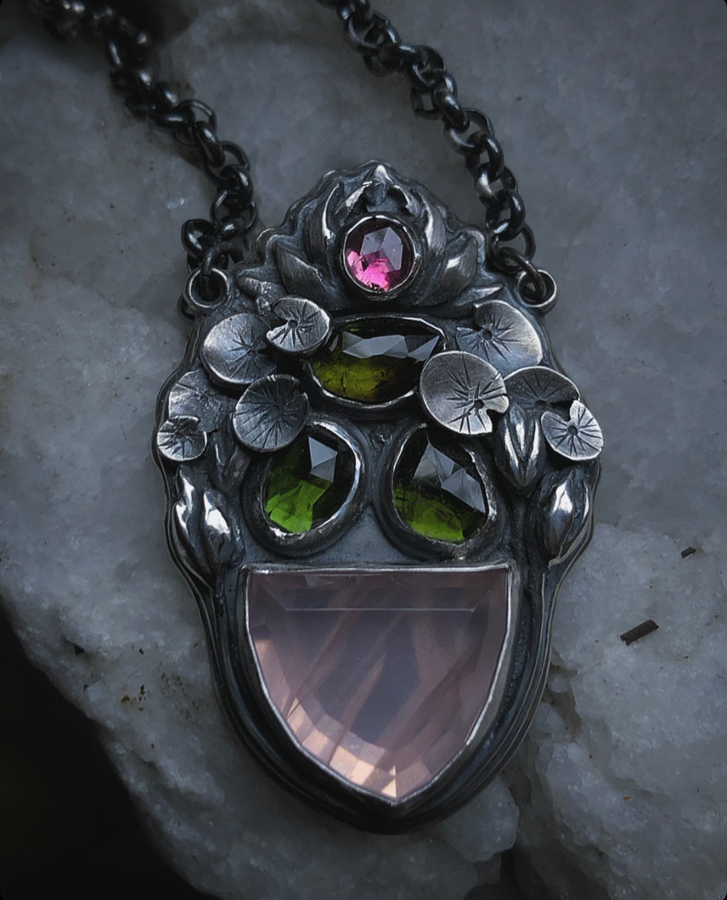 Water Lily Pendant ~ Rose Quartz Tourmaline