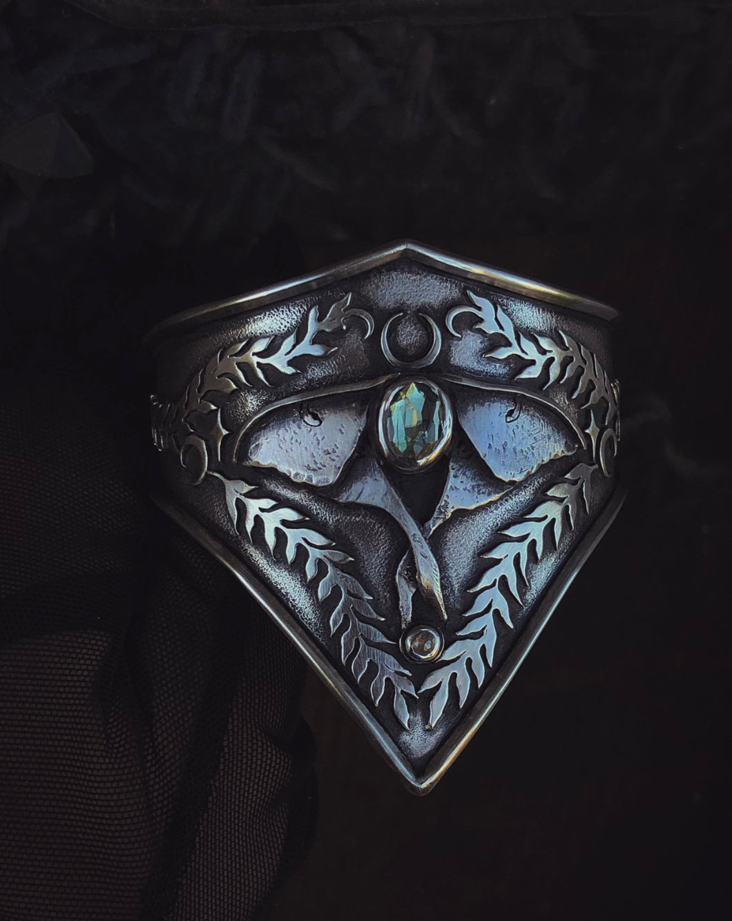 Luna Moth Wrist Cuff~ Size Small to Medium~ Tourmaline + Diamond