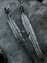 Load image into Gallery viewer, Raven Feather Earrings ~ All silver