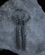 Load image into Gallery viewer, Prototype Feather Hoop Earrings ~ Raido + Ingwaz