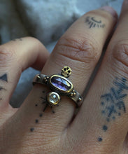 Load image into Gallery viewer, Skull+ Sapphire + Diamond stacking ring ~ sz 5.75
