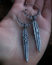 Load image into Gallery viewer, Prototype Feather Hoop Earrings ~ Raido + Ingwaz