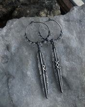 Load image into Gallery viewer, Prototype Feather Hoop Earrings ~ Raido + Ingwaz