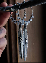 Load image into Gallery viewer, Prototype Feather Hoop Earrings ~ Raido + Ingwaz