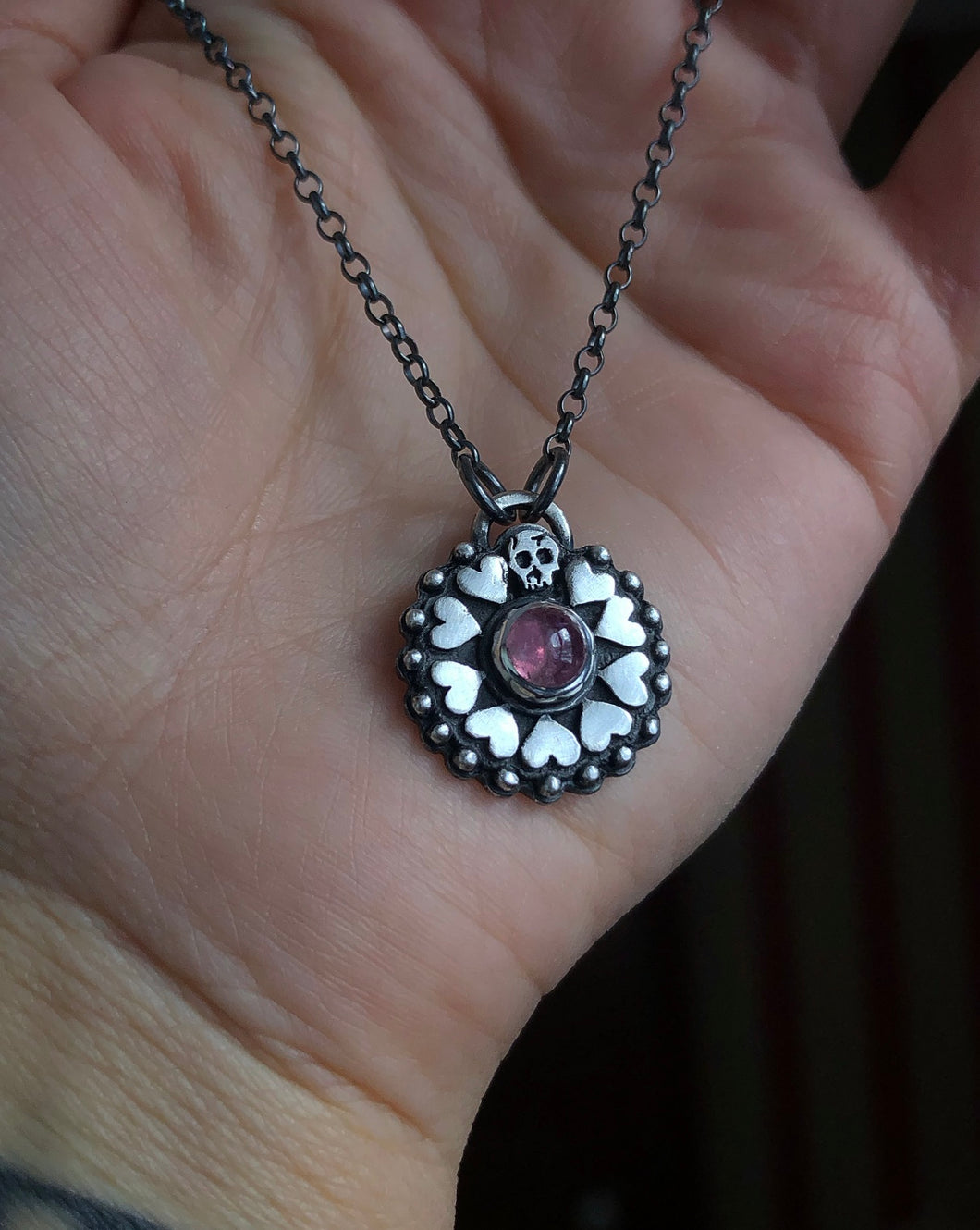 Tourmaline Skull + Hearts Medallion