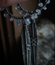 Load image into Gallery viewer, Prototype Feather Hoop Earrings ~ Raido + Ingwaz